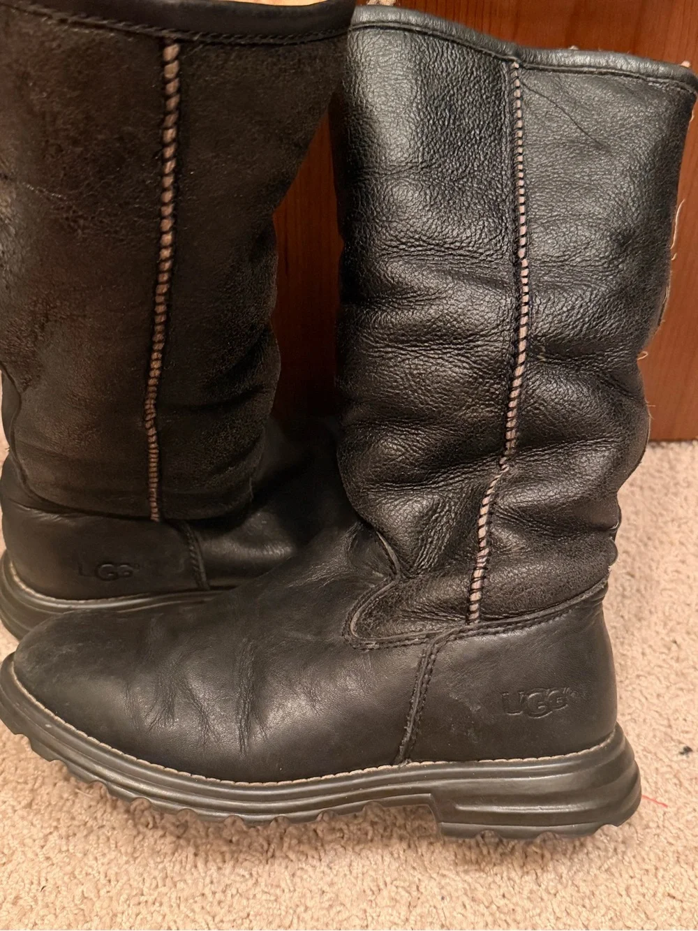 UGG Black Leather Mid-Calf Boots with Tan Shearling Lining